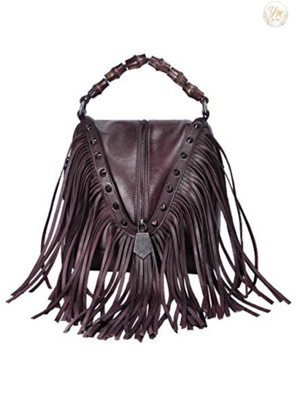 Leather Fringe Crossbody Bag Boho Bamboo Handle Studded Handbag Women